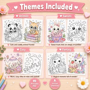 May include: A digital coloring book collection featuring four themes: Animals, Sweets, Cozy, and Fantasy. Each section displays two line-art illustrations of characters like pandas, bunnies, and unicorns, with text labels and a printable PDF download icon.