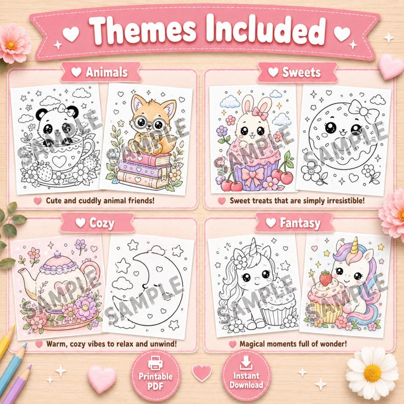 May include: A digital coloring book collection featuring four themes: Animals, Sweets, Cozy, and Fantasy. Each section displays two line-art illustrations of characters like pandas, bunnies, and unicorns, with text labels and a printable PDF download icon.