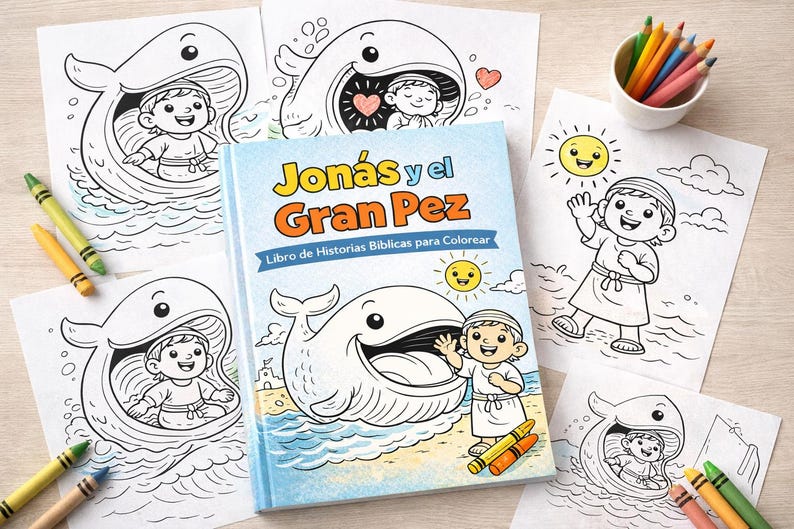K&ouml;nnte beinhalten: Ein Malbuch f&uuml;r Kinder mit dem Titel "Jon&aacute;s y el Gran Pez" mit Illustrationen von Jona und einem Wal. Mehrere Malvorlagen und Buntstifte sind um das Buch herum verstreut und zeigen Szenen aus der Geschichte. Das Buch ist auf Spanisch.