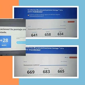 May include: Screenshots of credit score reports with Vantage 3.0 scores. The reports display credit scores from TransUnion, Experian, and Equifax. The scores range from 634 to 683. The text includes the dates the reports were generated.