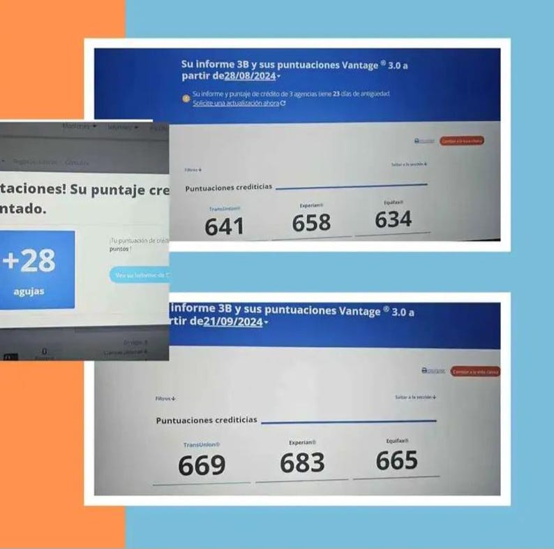 May include: Screenshots of credit score reports with Vantage 3.0 scores. The reports display credit scores from TransUnion, Experian, and Equifax. The scores range from 634 to 683. The text includes the dates the reports were generated.