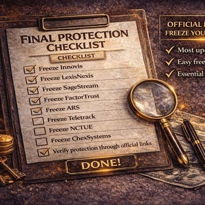 May include: A vintage-style image featuring a clipboard with a checklist titled "Final Protection Checklist." A magnifying glass, pen, coins, and keys are on the surface. The checklist includes items like "Freeze Innovis" and "Freeze LexisNexis."