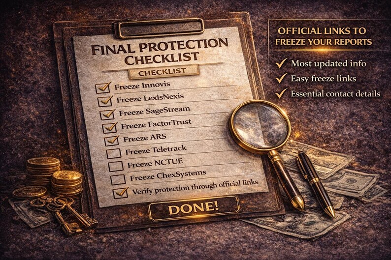 May include: A vintage-style image featuring a clipboard with a checklist titled "Final Protection Checklist." A magnifying glass, pen, coins, and keys are on the surface. The checklist includes items like "Freeze Innovis" and "Freeze LexisNexis."