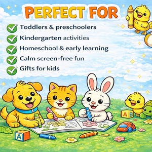 May include: A colorful illustration with cartoon animals, including a dog, cat, and rabbit, drawing with crayons. The image includes text that says "PERFECT FOR" and lists activities like "Toddlers & preschoolers" and "Gifts for kids".