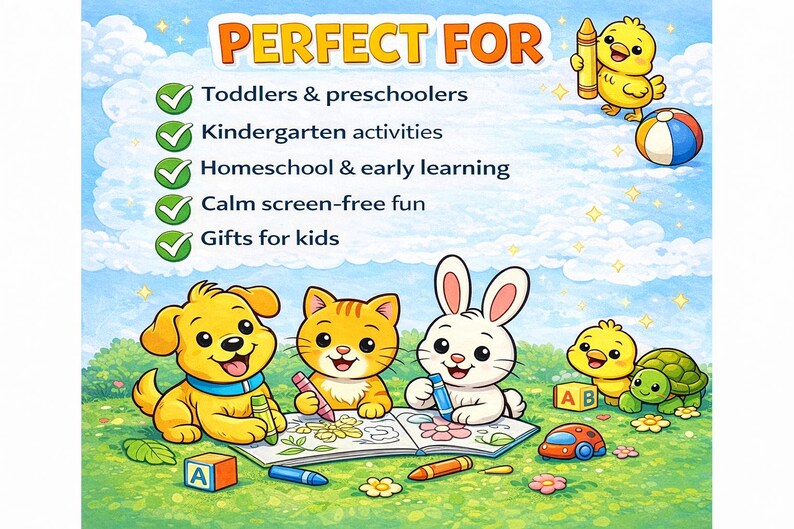 May include: A colorful illustration with cartoon animals, including a dog, cat, and rabbit, drawing with crayons. The image includes text that says "PERFECT FOR" and lists activities like "Toddlers & preschoolers" and "Gifts for kids".