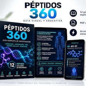 May include: A digital guide titled P&Eacute;PTIDOS 360 featuring a book, tablet, and smartphone displaying scientific information about peptides. The graphics include a human silhouette, molecular structures, and text detailing research, longevity, and metabolism.