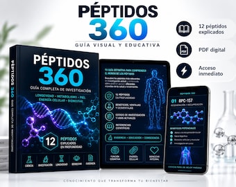 May include: A digital guide titled PÉPTIDOS 360 featuring a book, tablet, and smartphone displaying scientific information about peptides. The graphics include a human silhouette, molecular structures, and text detailing research, longevity, and metabolism.