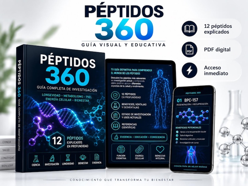 May include: A digital guide titled P&Eacute;PTIDOS 360 featuring a book, tablet, and smartphone displaying scientific information about peptides. The graphics include a human silhouette, molecular structures, and text detailing research, longevity, and metabolism.