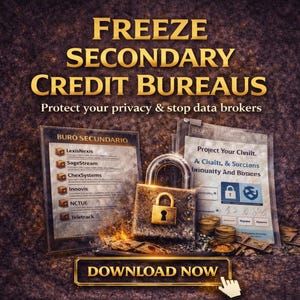 Puede incluir: Un anuncio con el texto "FREEZE SECONDARY CREDIT BUREAUS" en letras doradas. La imagen incluye un candado, documentos y las palabras "Protect your privacy & stop data brokers". Un botón "DOWNLOAD NOW" está en la parte inferior.
