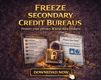 May include: An advertisement with the text "FREEZE SECONDARY CREDIT BUREAUS" in gold lettering. The image includes a padlock, documents, and the words "Protect your privacy & stop data brokers". A "DOWNLOAD NOW" button is at the bottom.