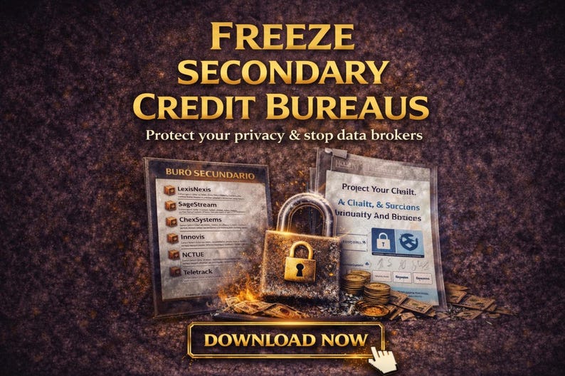 May include: An advertisement with the text "FREEZE SECONDARY CREDIT BUREAUS" in gold lettering. The image includes a padlock, documents, and the words "Protect your privacy & stop data brokers". A "DOWNLOAD NOW" button is at the bottom.