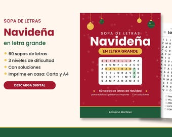 Può includere: Un libro digitale di crucipuzzle natalizi a caratteri grandi, con una copertina rossa decorata con ornamenti dorati e verdi, il testo Sopa de Letras Navideña en Letra Grande e una pagina di esempio con una griglia di parole.