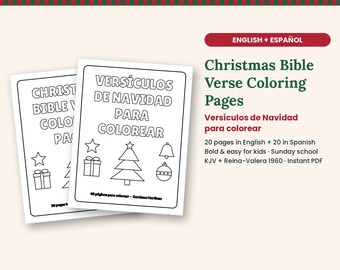 Può includere: Due pagine da colorare bianche con disegni a linee nere di alberi di Natale, stelle, regali e campane. Il testo recita Christmas Bible Verse Coloring Pages e Versículos de Navidad para colorear. Include 20 pagine in inglese e 20 in spagnolo.