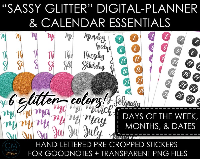 Digital Planner Stickers & Calendar Essentials GoodNotes on iPad Days of the Week, Months, Dates, Numbers image 1