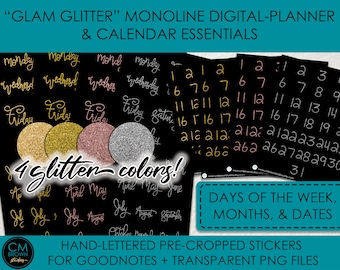 Digital Planner Stickers & Calendar Essentials • GoodNotes on iPad • Days of the Week, Months, Dates, Numbers