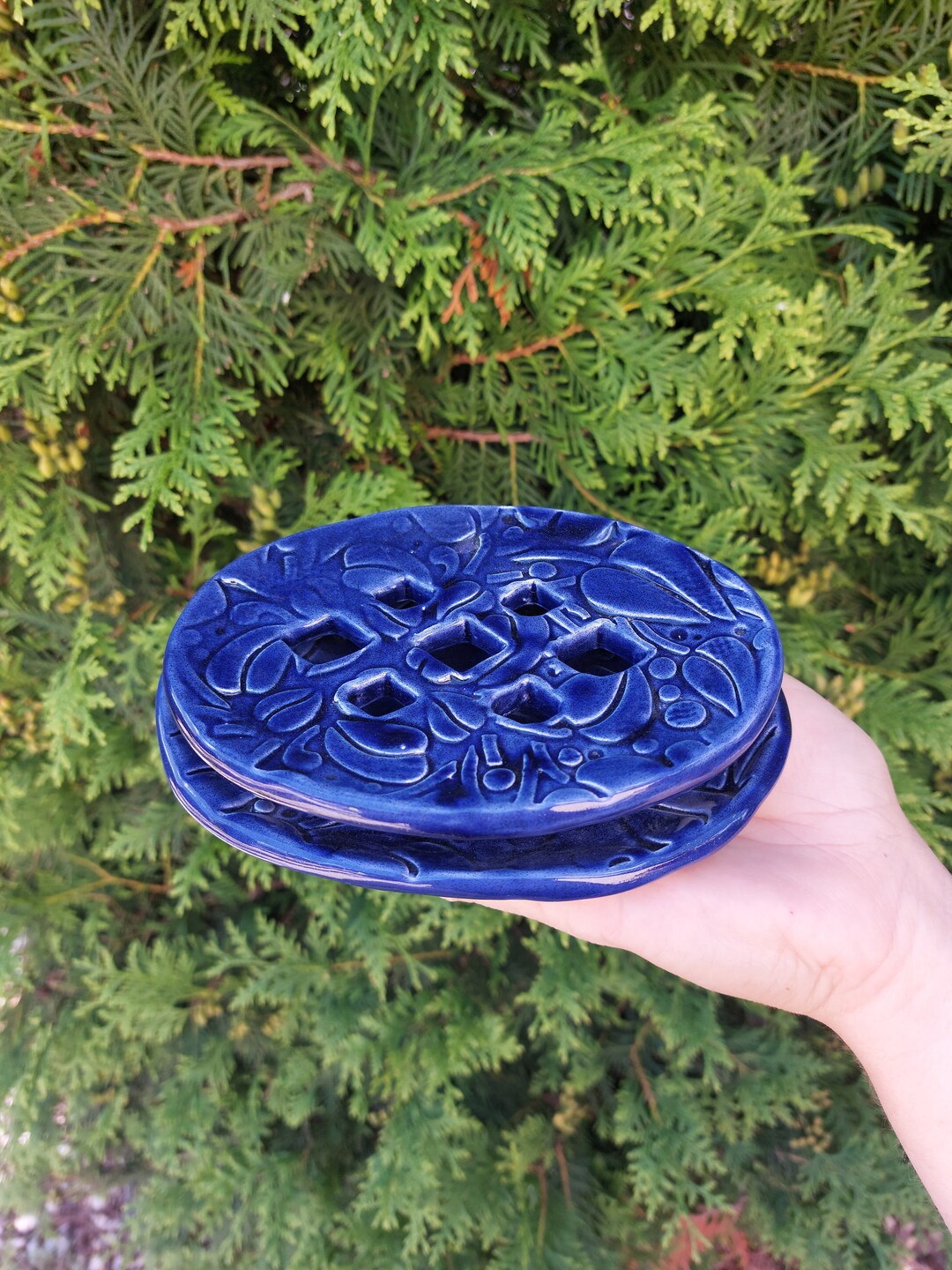 Twopiece Deep Blue Ceramic Soap Dish, Handmade Pottery, Custom Pottery