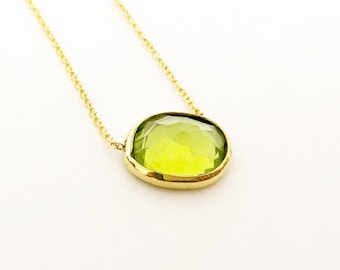 18K Gold Gemstone Pendant, Handmade Peridot Necklace