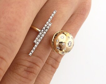 Handmade 14K Gold Sphere Ring with Natural Diamond Barrettes