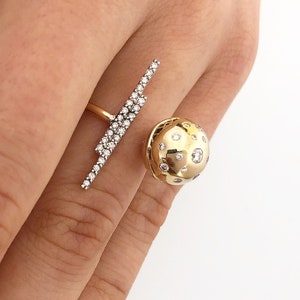 14K Handmade Solid Gold Woman Ring &#39;&#39;SPHERE with BRILLIANT DIAMONDS&#39;&#39; with 2 barettes with Natural Brilliant cut Diamonds for brilliant life