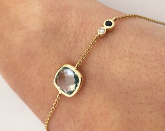 Handmade 18K Yellow Gold Top Sky Topaz Bracelet, Diamond & Sapphire Accent