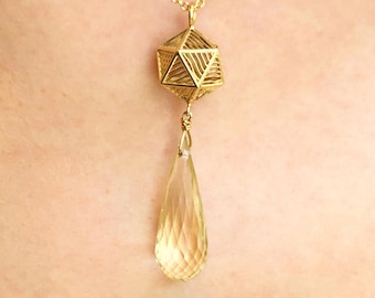 14K Handmade Solid Gold Pendant ''ICOSAHEDRON CLARITY'' with Natural Teardrop Lemon Topaz