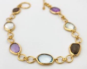 Handmade 18K Gold Gemstone Bracelet, Top Sky Topaz, Smokey Quartz, Amethyst & Green Amethyst