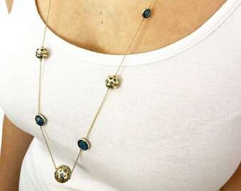14K Handmade Solid Gold ''POSITIVE VIBES NECKLACE'' with Natural London Topaz