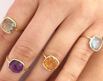 Handmade 18K Gold Ring, Cushion Cut Gemstone, Amethyst, Green Amethyst, Top Sky Topaz, Citrine