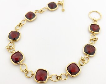 Handmade 18K Yellow Gold Garnet Bracelet, Cushion Cut