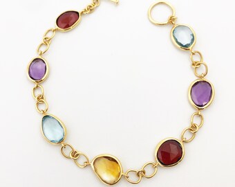 Handmade 18K Gold Gemstone Bracelet, Citrine, Garnet, Top Sky Topaz, Amethyst