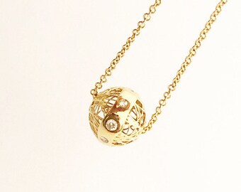 14K Handmade Solid Gold & Natural Brilliant cut Diamonds Necklace ''COSMIC BALL 2''