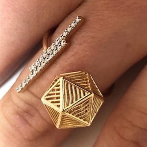 14K Handmade Solid Gold Ring &#39;&#39;ICOSAHEDRON with BRILLIANT DIAMONDS&#39;&#39; with 2 barettes with Natural Brilliant cut Diamonds for brilliant mind