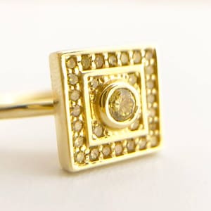 18K Handmade Solid Gold square ring ''BYZANTINE FASHION'' with 1x3mm Natural Yellow Diamond and 28x1mm Natural Brilliant Cut Yellow Diamonds
