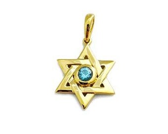 Handmade 9K Gold Star of David Pendant, Swiss Topaz Charm Necklace