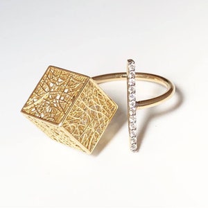 14K Handmade Solid Gold Ring &#39;&#39;CUBE with BRILLIANT DIAMONDS&#39;&#39; with barette with Natural Brilliant cut Diamonds for brilliant life