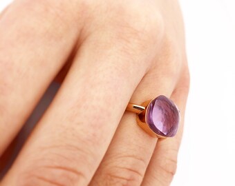 18K Solid Gold Princess Ring with Natural Amethyst