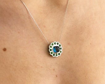 Handmade 18K White Gold Flower Pendant: London Topaz & Tsavorite