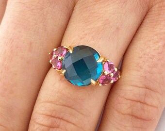 Handmade 18K Gold London Topaz Ring with Pink Tourmalines