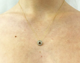 Handmade 14K Gold Byzantine Pendant, Natural Ruby & Diamond Halo