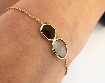 Handmade 18K Yellow Gold Bracelet, Top Sky Topaz & Smokey Quartz