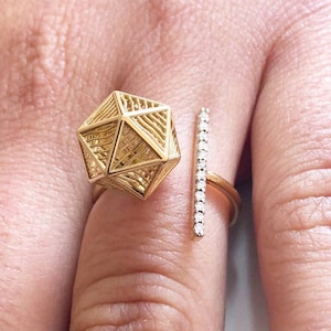 14K Handmade Solid Gold Ring &#39;&#39;ICOSAHEDRON with BRILLIANT DIAMONDS&#39;&#39; with barrette with Natural Brilliant cut Diamonds for brilliant mind