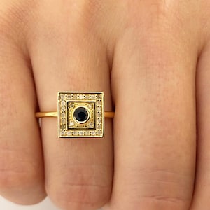 18K Handmade Solid Gold square ring ''BYZANTINE FASHION'' with 1 x 3mm Natural Blue Sapphire and 28 x 1mm Natural Brilliant Cut Diamonds