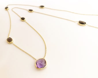 Handmade 18K Gold Amethyst Pendant Necklace, Smokey Quartz Accent