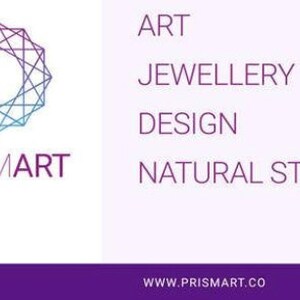 May include: A logo for a business called PrismArt. The logo features a geometric design in shades of blue and purple. The text below the logo reads "Art, Jewellery, Design, Natural Stones". The website address is www.prismart.co.