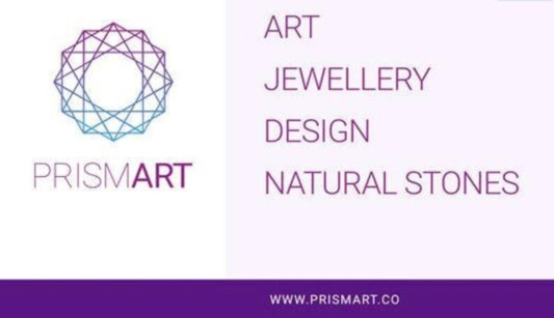 May include: A logo for a business called PrismArt. The logo features a geometric design in shades of blue and purple. The text below the logo reads "Art, Jewellery, Design, Natural Stones". The website address is www.prismart.co.