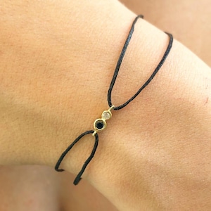 18K Handmade Solid Gold Bracelet &#39;&#39;PROTECTION&#39;&#39; with Natural Brilliant cut Diamond 1.7mm and Blue Sapphire 2mm in adjustable wax thread