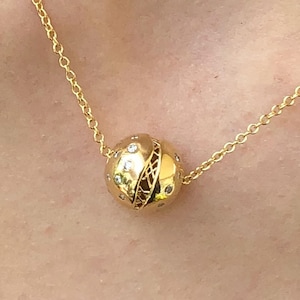 14K Handmade Solid Gold & Natural Brilliant cut Diamonds Necklace &#39;&#39;COSMIC BALL 1&#39;&#39;