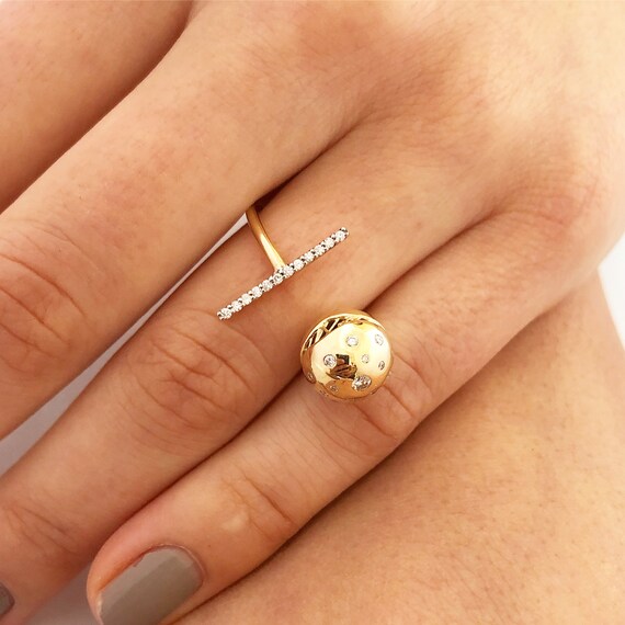 Bague femme en or massif 14K faite a la main SPHERE with BRILLIANT DIAMONDS avec barette avec diamants taille Brillant Naturel pour une vie brillante Etsy France