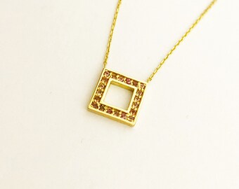 Handmade 18K Gold Pendant: Pink Tourmaline Square Necklace