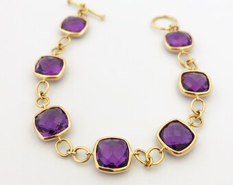 Handmade 18K Gold Amethyst Bracelet, Cushion Cut Gemstone